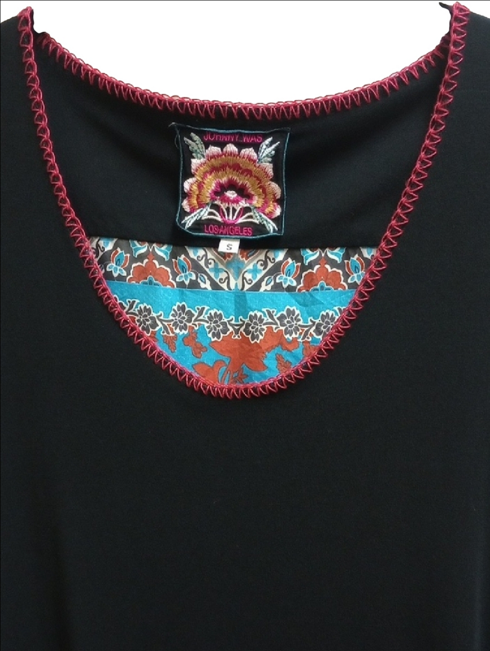 JOHNNY WAS SILK BOHO SHORT SLEEVE TUNIC SHIRT WITH SILK BACK FLORAL PANEL - Picture 4 of 8